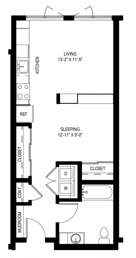 Floor plan for 1 bed, 1 bath, 569 sqft